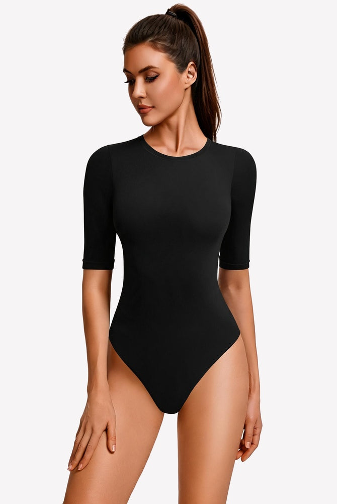 Black 3/4 sleeve crew neck slim-fit bodysuit