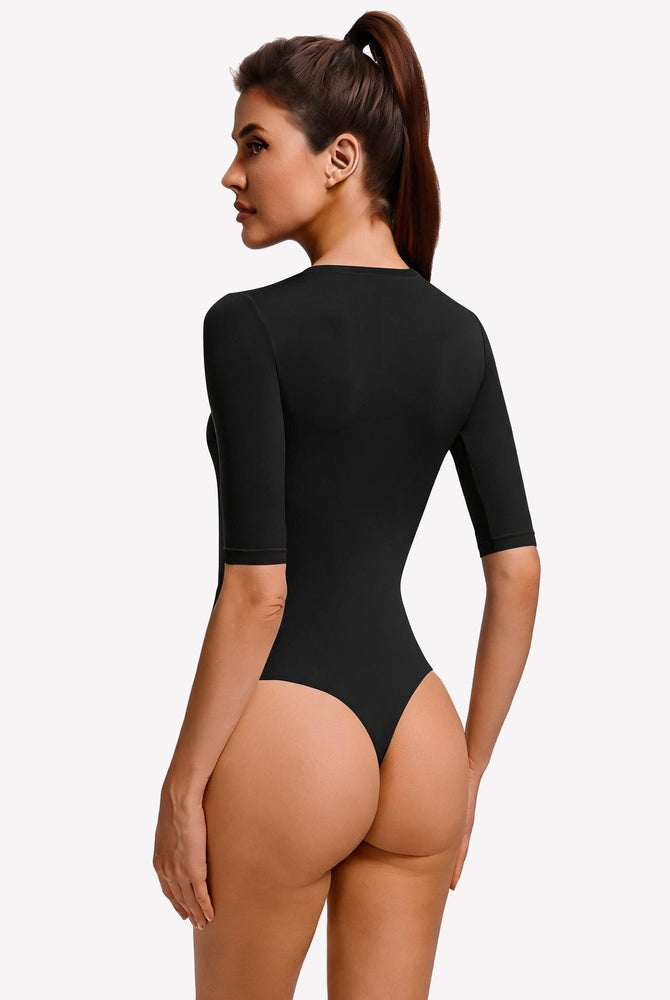 Black 3/4 sleeve crew neck slim-fit bodysuit, back view