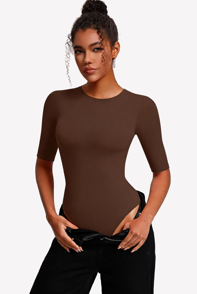 Brown 3/4 sleeve crew neck slim-fit bodysuit