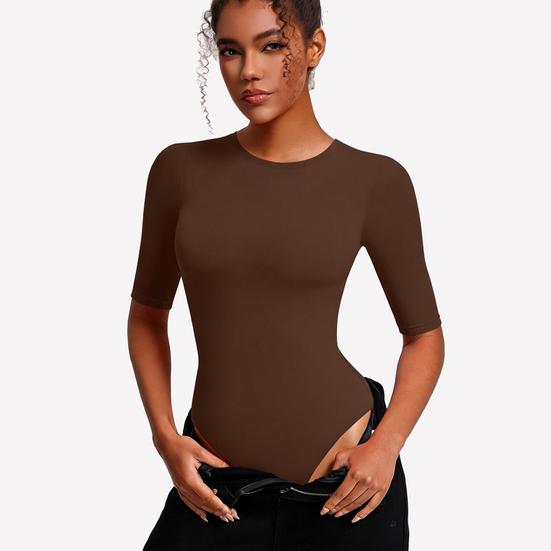 Brown 3/4 sleeve crew neck slim-fit bodysuit