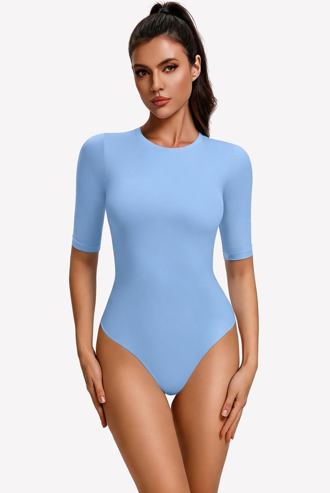 Light blue 3/4 sleeve crew neck slim-fit bodysuit