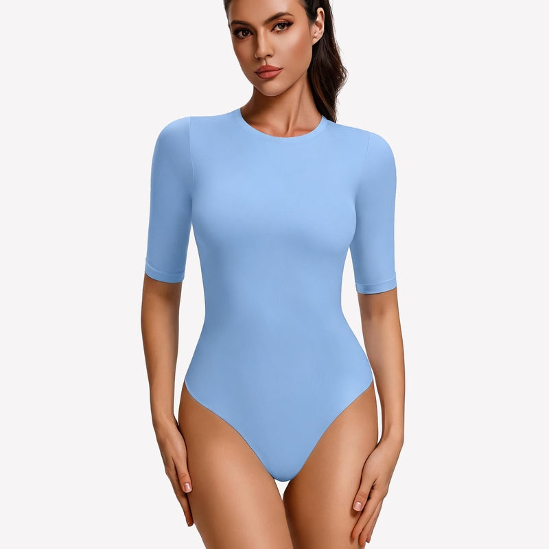 Light blue 3/4 sleeve crew neck slim-fit bodysuit