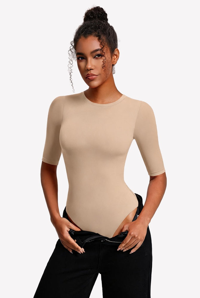 Nude 3/4 sleeve crew neck slim-fit bodysuit