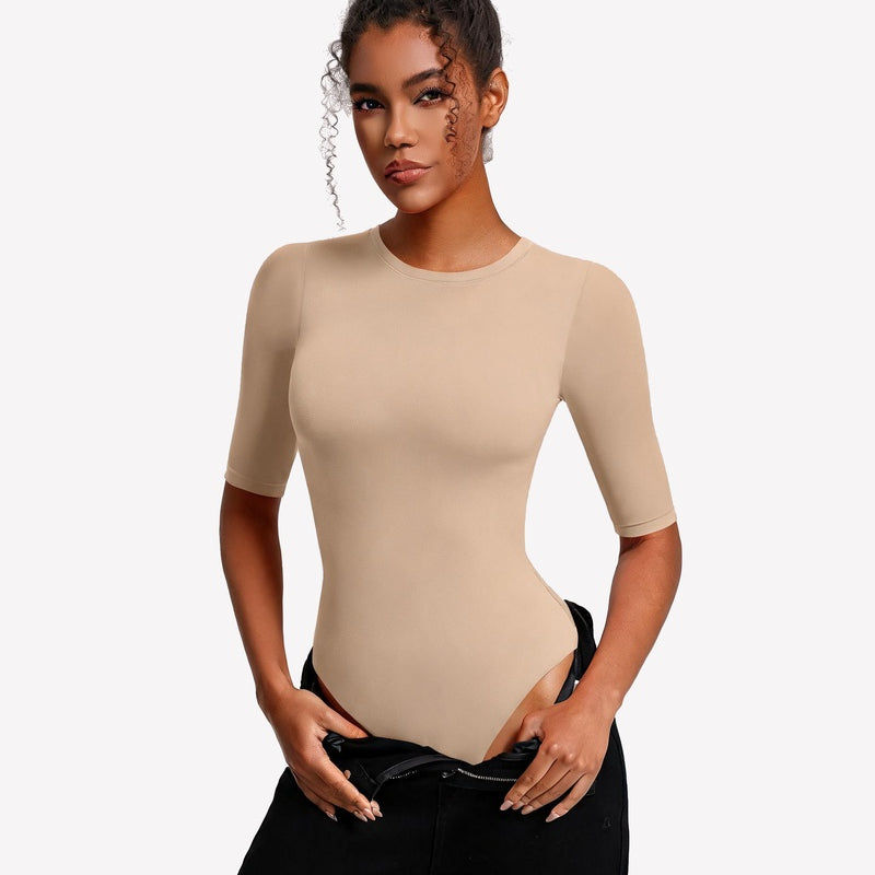 Nude 3/4 sleeve crew neck slim-fit bodysuit