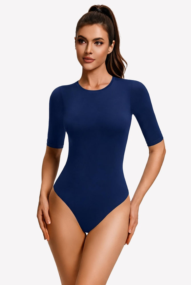 Navy blue 3/4 sleeve crew neck slim-fit bodysuit