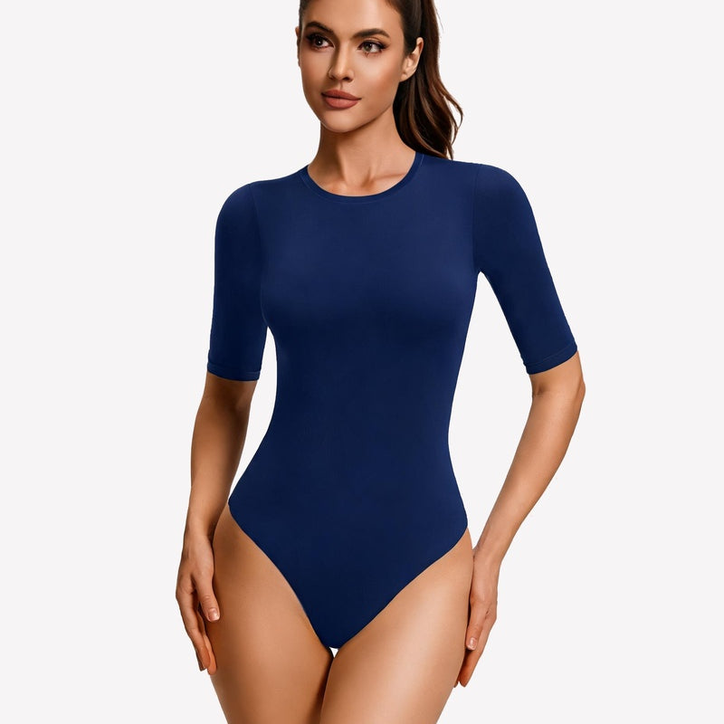 Navy blue 3/4 sleeve crew neck slim-fit bodysuit