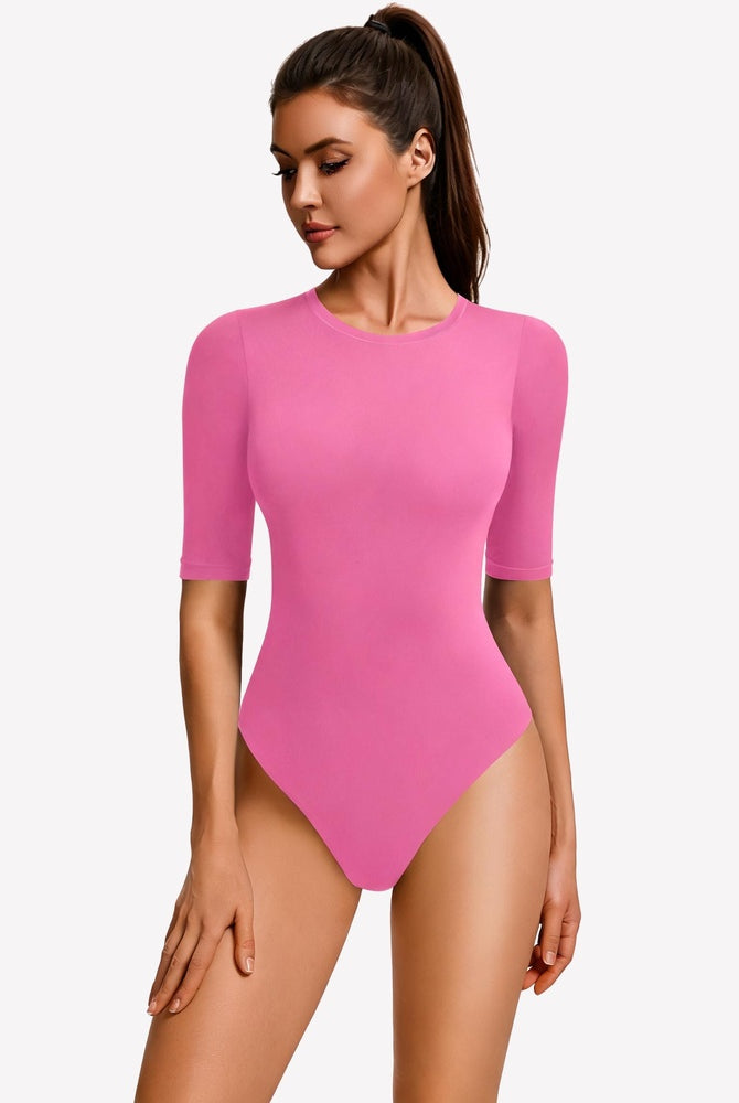 Pink 3/4 sleeve crew neck slim-fit bodysuit