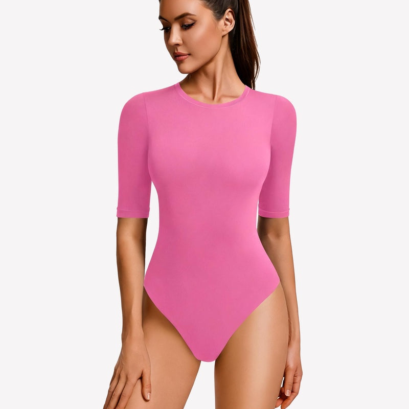 Pink 3/4 sleeve crew neck slim-fit bodysuit