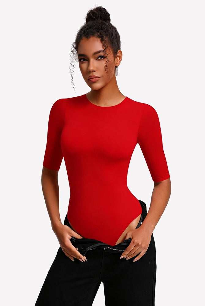 Red 3/4 sleeve crew neck slim-fit bodysuit