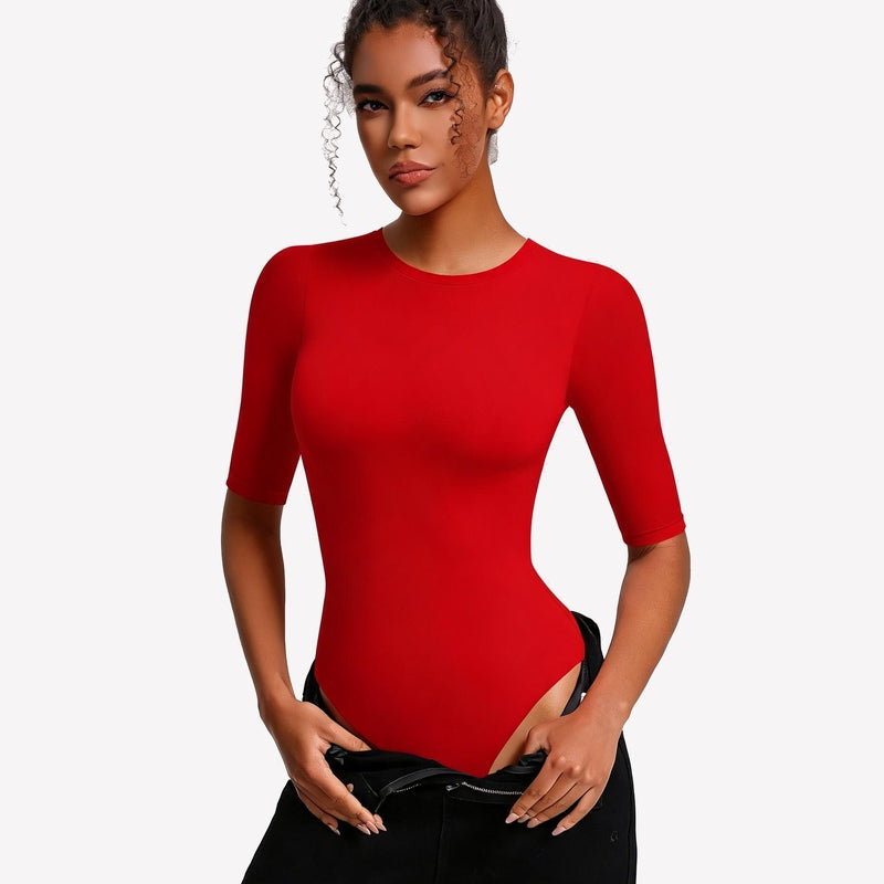 Red 3/4 sleeve crew neck slim-fit bodysuit