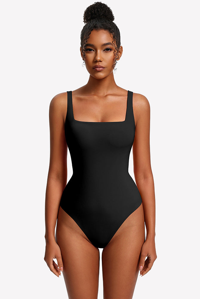 Black square-neck thong bodysuit with thick-strap cups, smooth fitted front