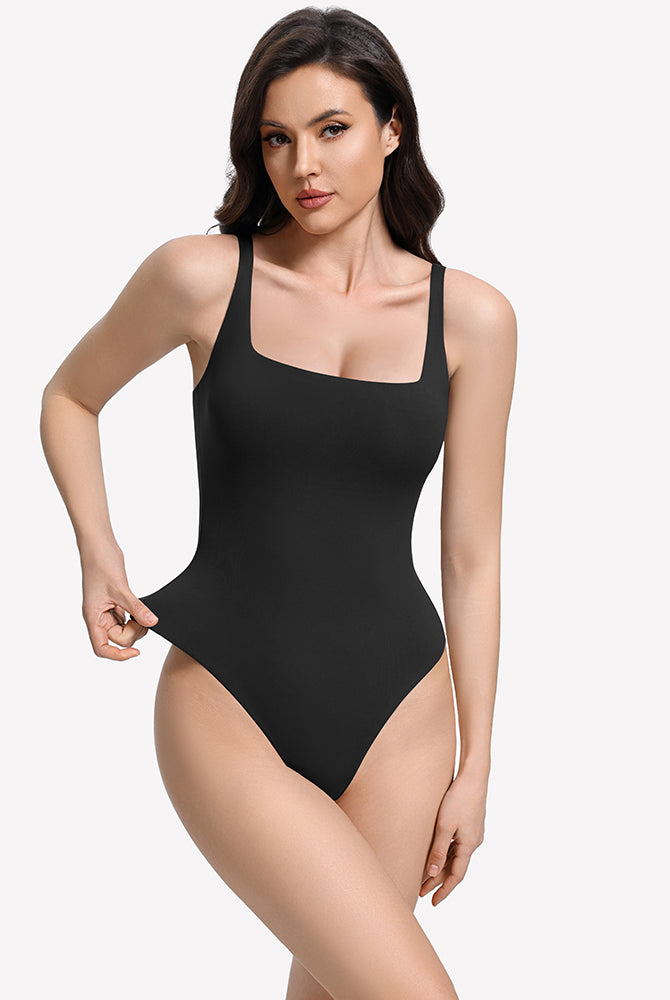 Black square-neck thong bodysuit with thin straps and fitted double-layer look