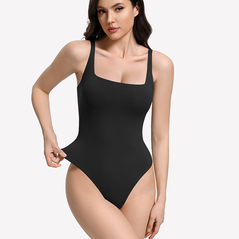 Black square-neck thong bodysuit with thin straps and fitted double-layer look
