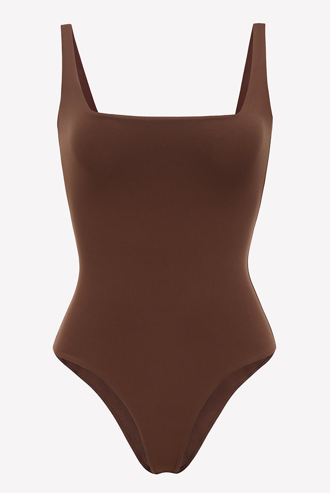 Brown square-neck double-lined thong bodysuit
