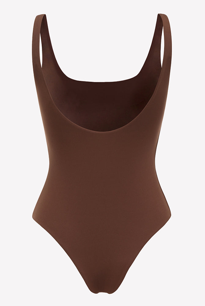 Brown backless double-lined thong bodysuit with square back neckline