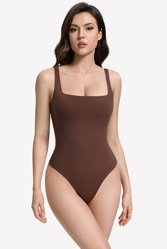 Brown square-neck thong bodysuit with thin straps, smooth fitted front
