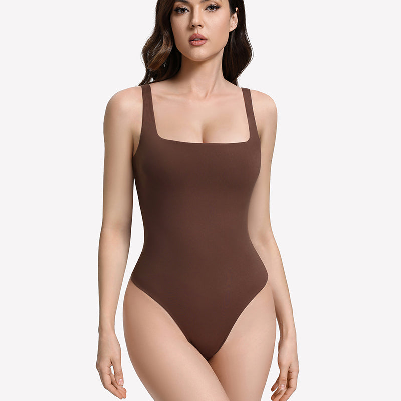 Brown square-neck thong bodysuit with thin straps, smooth fitted front