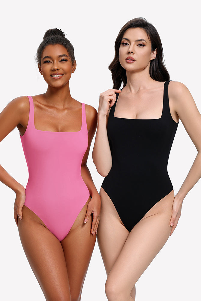 Pink and black square-neck double-lined thong bodysuits