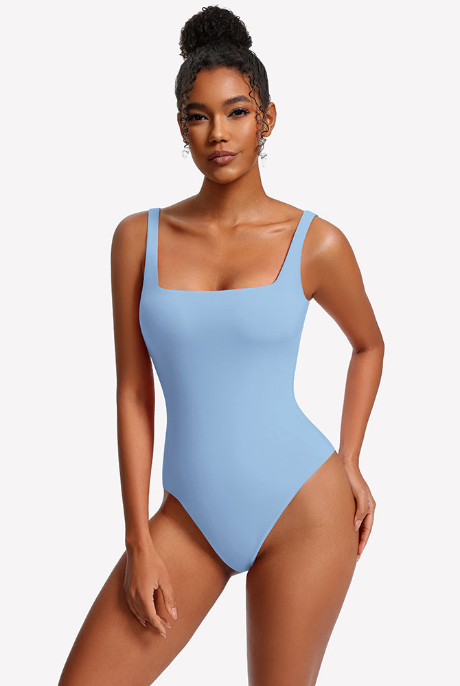 Light blue square-neck thong bodysuit with thin straps, smooth fitted front