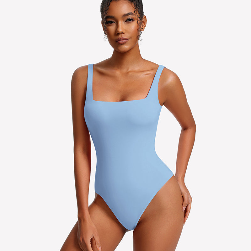 Light blue square-neck thong bodysuit with thin straps, smooth fitted front