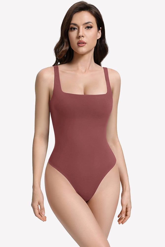 Burgundy square-neck thong bodysuit with double lining, backless styling