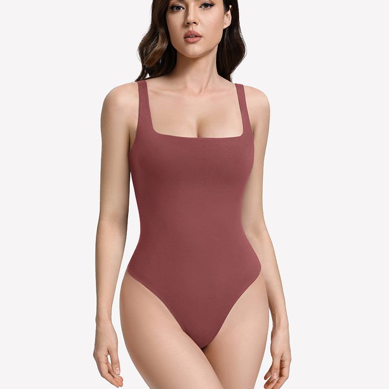 Burgundy square-neck thong bodysuit with double lining, backless styling