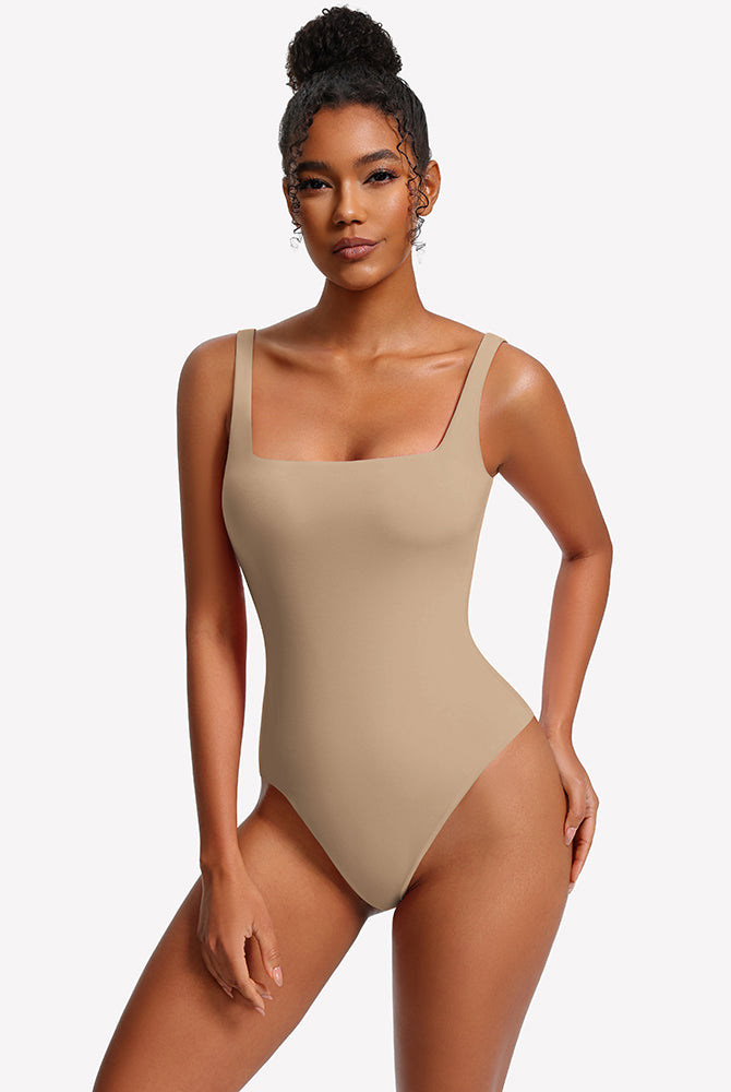 Nude/beige square-neck thong bodysuit with thin straps, smooth fitted front