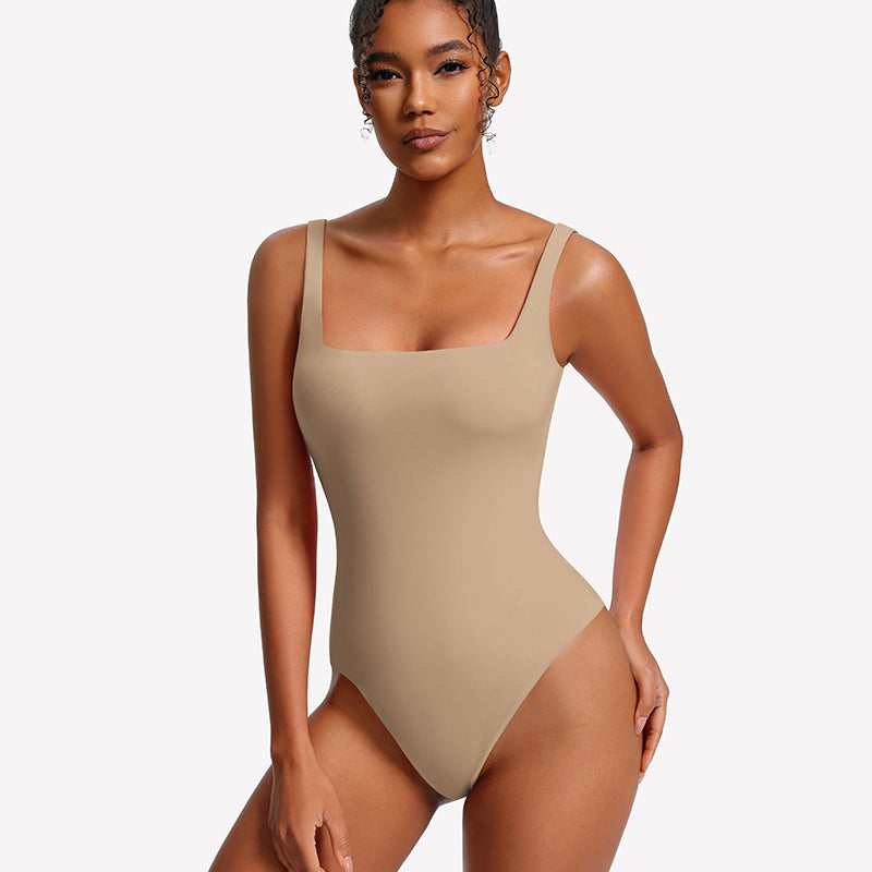 Nude/beige square-neck thong bodysuit with thin straps, smooth fitted front