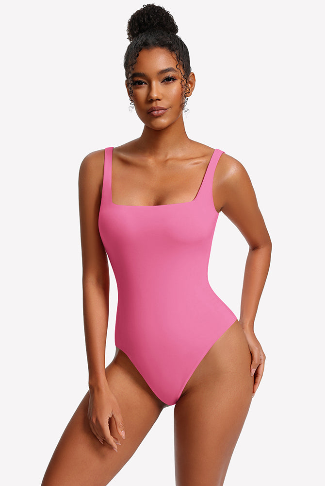Pink square-neck thong bodysuit with thin straps, smooth fitted front