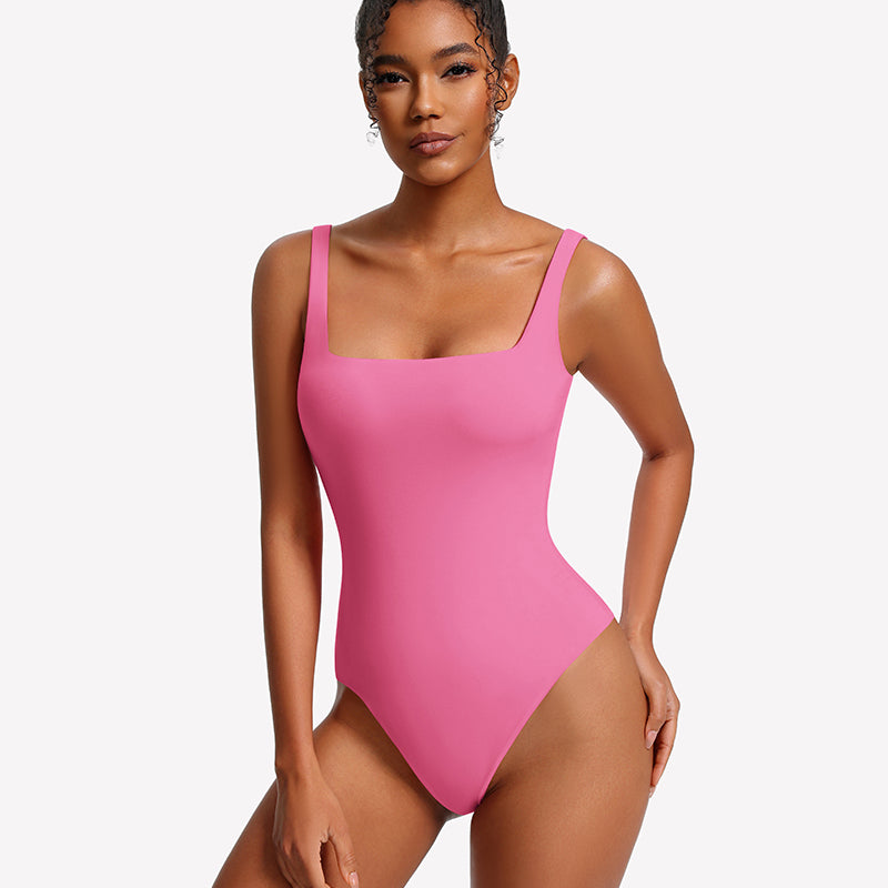 Pink square-neck thong bodysuit with thin straps, smooth fitted front