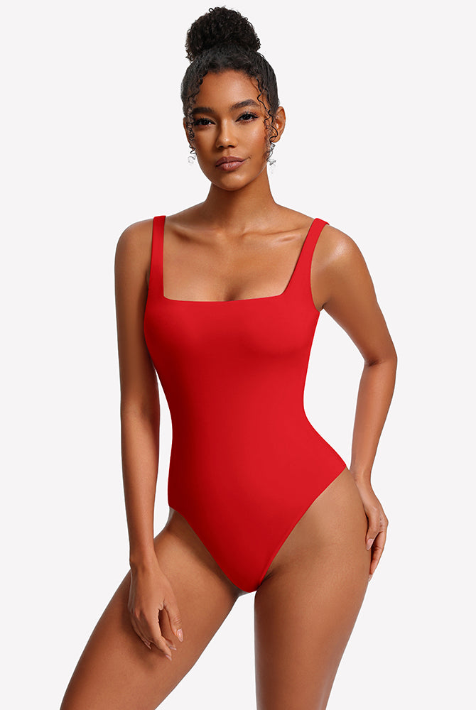 Red square-neck thong bodysuit with thin straps, smooth fitted front