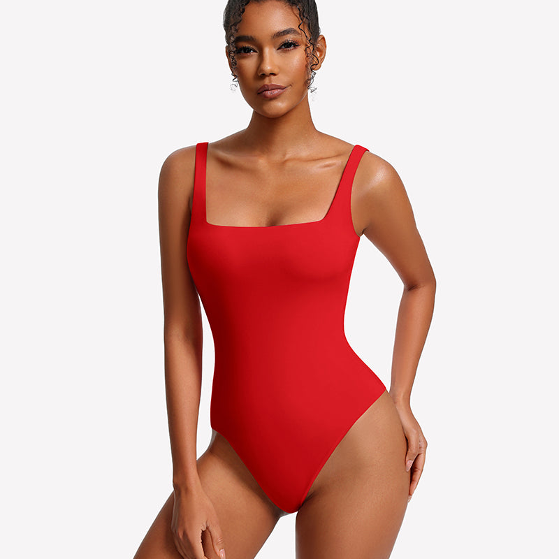 Red square-neck thong bodysuit with thin straps, smooth fitted front