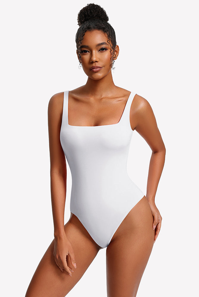 White square-neck thong bodysuit with thin straps, smooth fitted front