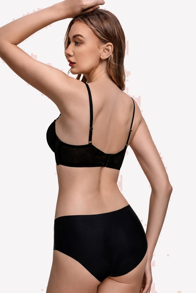 Black lace underwire bra back view with sheer floral straps