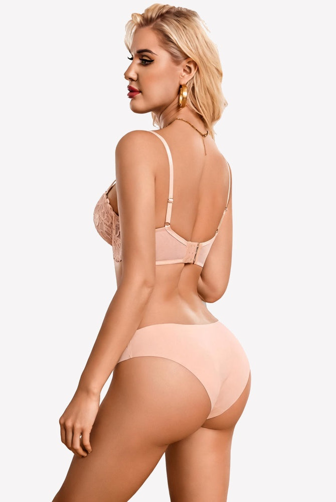 Light pink lace underwire bra with scalloped edges, open back straps
