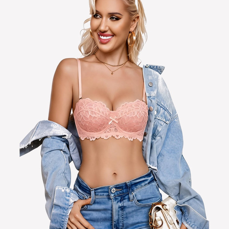 Light pink lace underwire bra with scalloped edges and sheer floral cups