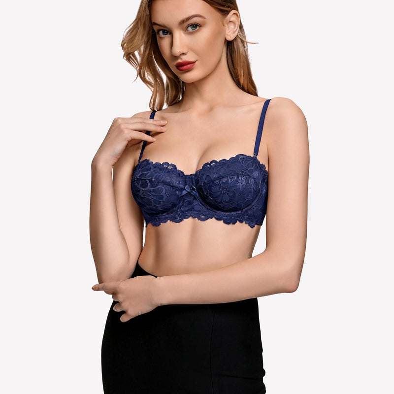 Navy blue lace underwire bra with scalloped cups and thin straps