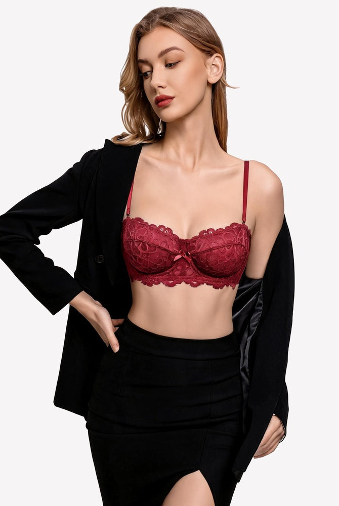Wine red lace underwire bra with scalloped edges and sheer floral cups