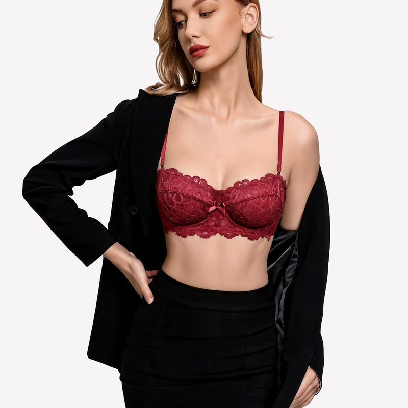 Wine red lace underwire bra with scalloped edges and sheer floral cups