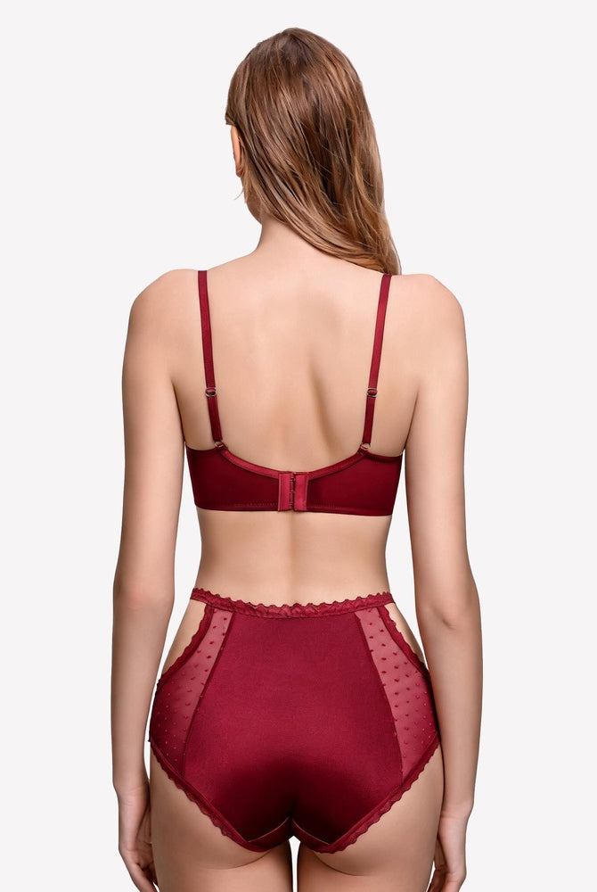 Wine red sheer lace underwire bra with scalloped unlined cups