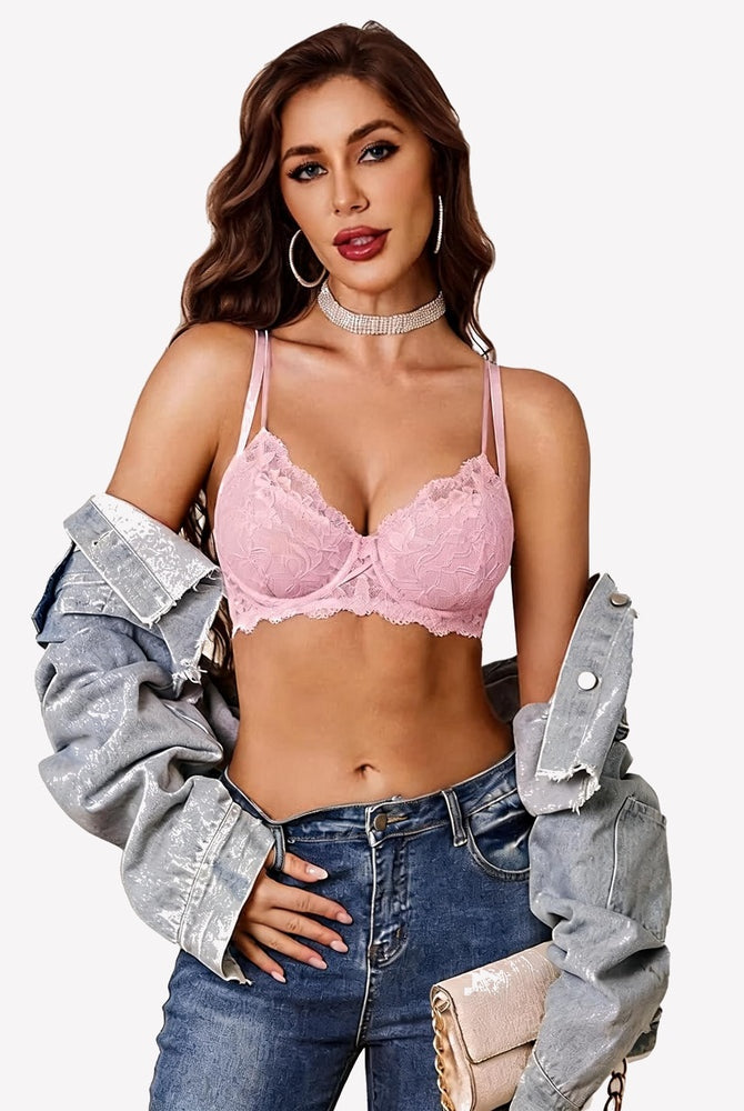 Pink underwire mesh scalloped V-neck bra with lace cups