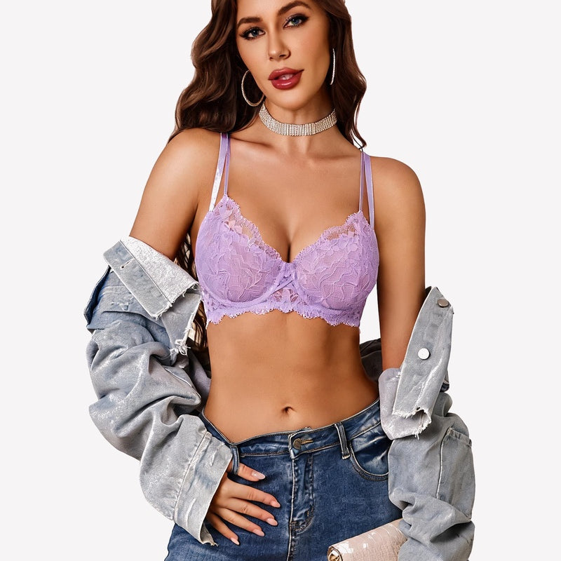 Lilac underwire mesh scalloped V-neck bra with lace cups