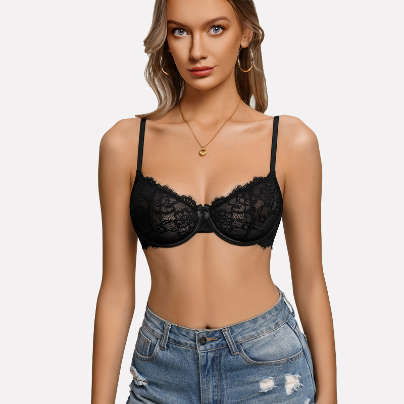 Black lace balconette bra with underwire cups, scalloped lace trim, and straps