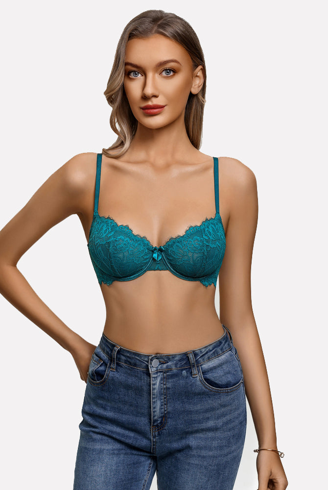 Bluish-green lace balconette bra with underwire cups and bow detail