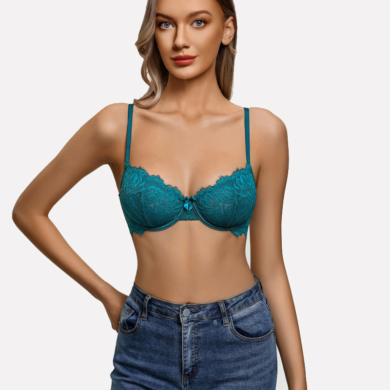 Bluish-green lace balconette bra with underwire cups and bow detail