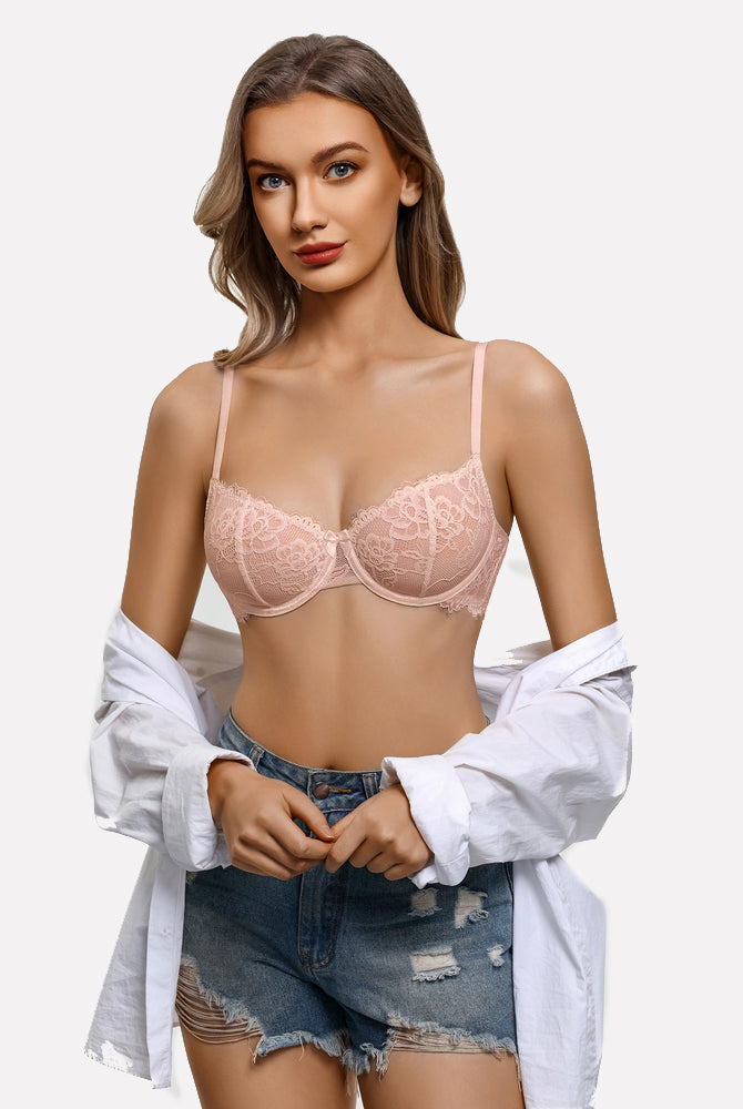 Balconette lace bra in light pink with scalloped cups and thin adjustable straps