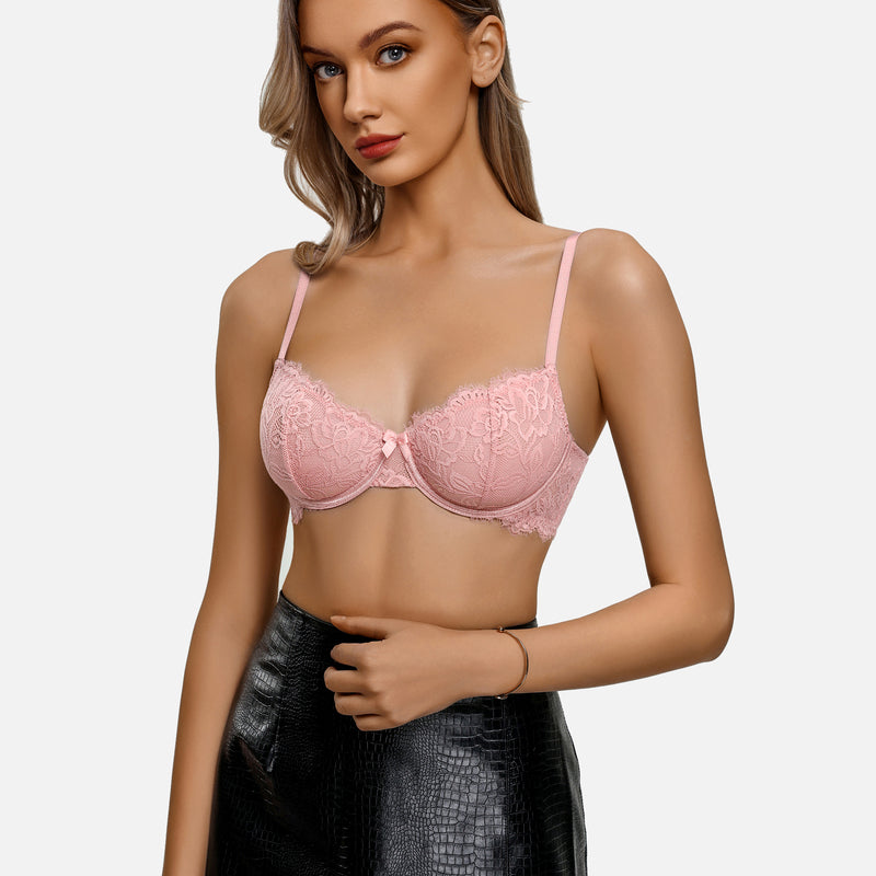 Light pink lace balconette bra with underwire cups and scalloped trim