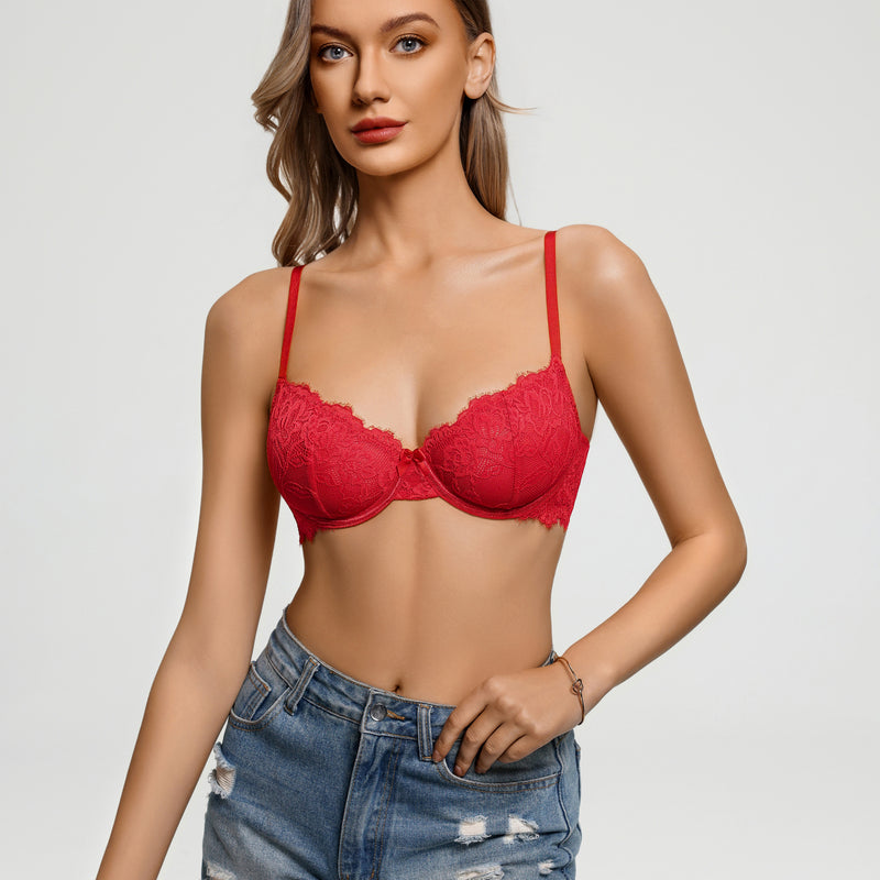 Red lace balconette bra with underwire cups and scalloped lace trim