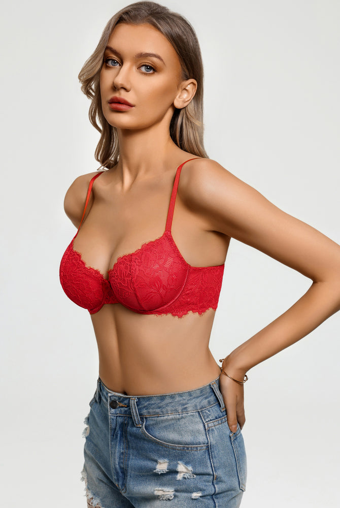 Balconette lace bra in red with scalloped lace cups and thin straps
