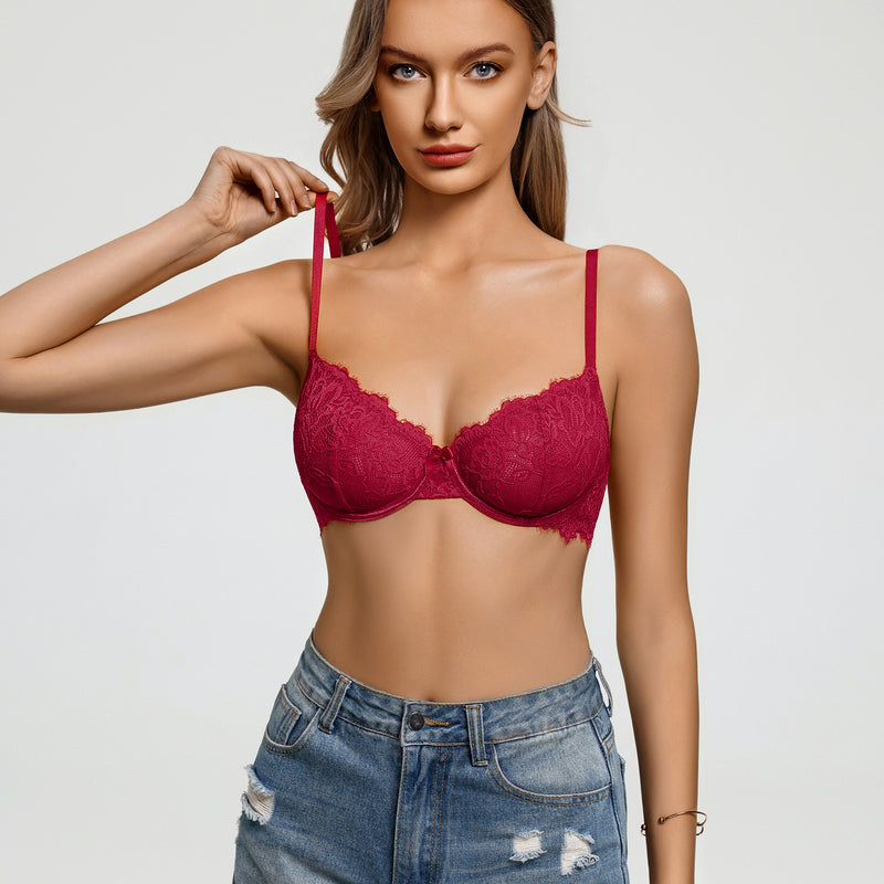 Wine red lace balconette bra with underwire cups and scalloped lace trim